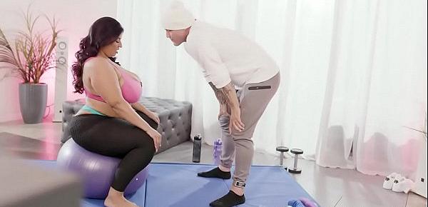  Voluptuous BBW babe Sofia Rose gets a hot workout fuck session with her handsome personal trainer Derrick Pierce.